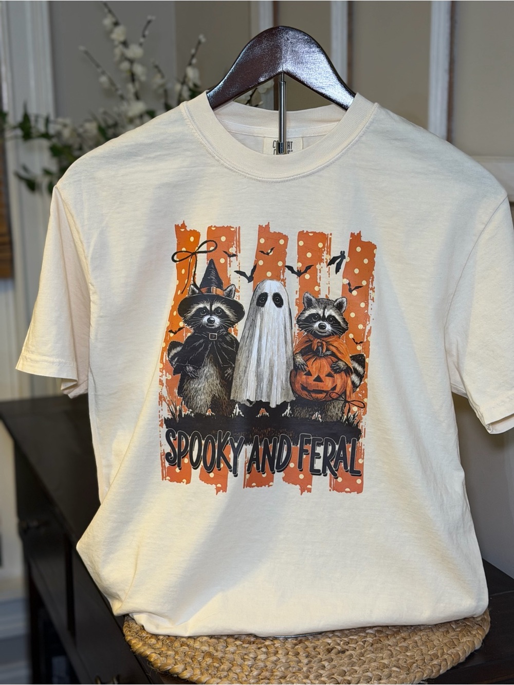Comfort Colors Cream Halloween Raccoon Graphic Tee with Orange Accents